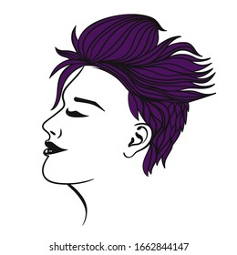Female short haircut of violet color isolate on a white background. Vector graphics.