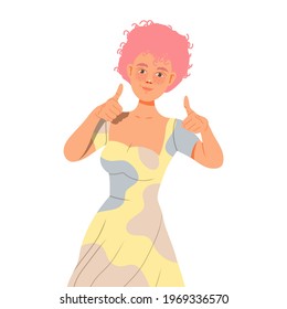 Female with Short Pink Hair Showing Thumb Up as Positive Gesture of Approval Vector Illustration