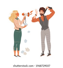 Female Shouting in Bullhorn and Male Suspended Himself with Tie as Stressed out Office Employee Feeling Deadline Vector Illustration