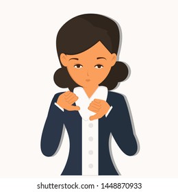 Female showing thumb down gesture.  Emotion and body language concept. Vector illustration.