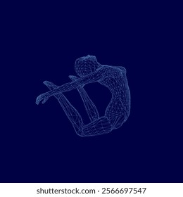 Female is shown in a blue background with his arms outstretched. person in a diving position. Scene is one of freedom and movement