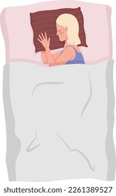 Female side sleeper lying on bed restfully semi flat color vector character. Editable figure. Full body person on white. Simple cartoon style illustration for web graphic design and animation