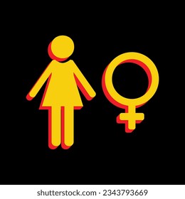 Female sign illustration. 3D Extruded Yellow Icon with Red Sides a Black background. Illustration.