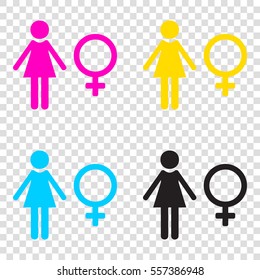 Female sign illustration. CMYK icons on transparent background. Cyan, magenta, yellow, key, black.