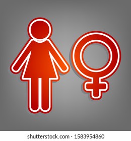 Female sign illustration. Flat red icon with linear white icon with gray shadow at grayish background. Illustration.