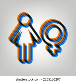 Female sign illustration. Stroked Icon in orange, azure and old lavender Colors at gray Background. Illustration.
