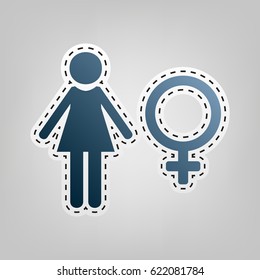 Female sign illustration. Vector. Blue icon with outline for cutting out at gray background.