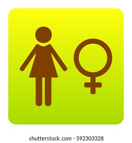 Female sign illustration. Vector. Brown icon at green-yellow gradient square with rounded corners on white background. Isolated.