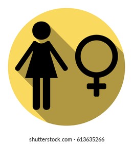 Female sign illustration. Vector. Flat black icon with flat shadow on royal yellow circle with white background. Isolated.