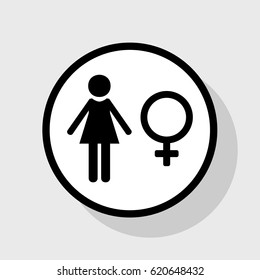 Female sign illustration. Vector. Flat black icon in white circle with shadow at gray background.