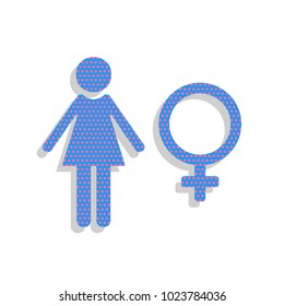 Female sign illustration. Vector. Neon blue icon with cyclamen polka dots pattern with light gray shadow on white background. Isolated.