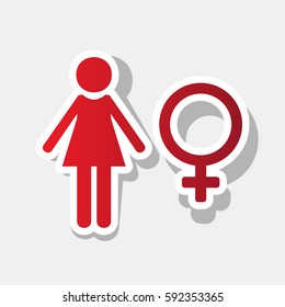 Female sign illustration. Vector. New year reddish icon with outside stroke and gray shadow on light gray background.