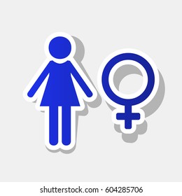 Female sign illustration. Vector. New year bluish icon with outside stroke and gray shadow on light gray background.