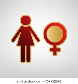 Female sign illustration. Vector. Red icon on gold sticker at light gray background.
