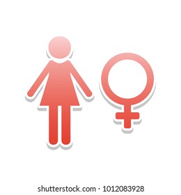 Female sign illustration. Vector. Reddish icon with white and gray shadow on white background. Isolated.