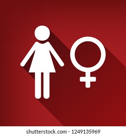 Female sign illustration. Vector. White icon with limitless shadow at ruby red background.