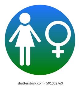Female sign illustration. Vector. White icon in bluish circle on white background. Isolated.