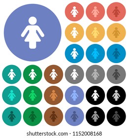 Female sign multi colored flat icons on round backgrounds. Included white, light and dark icon variations for hover and active status effects, and bonus shades on black backgounds.