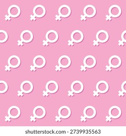 female sign seamless pattern, white gender symbols on a pink background