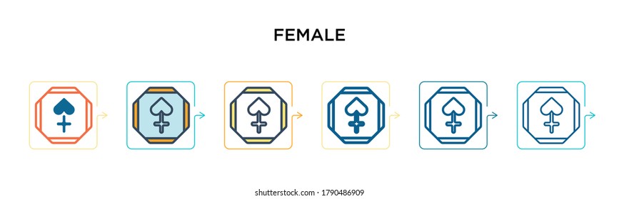 Frauenzeichen, Vektorsymbol in 6 verschiedenen modernen Stilen. Schwarze, zweifarbige weibliche Zeichensymbole, die im vollen, Umriss-, Linien- und Strichstil entworfen wurden. Vektorgrafik kann für Web, Mobile, i