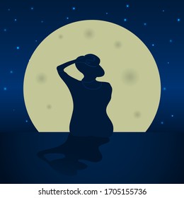 Female silhouette against the background of the planet and the night sky. Image of a woman in dreams.