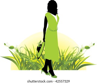 Female silhouette among grass. Spring composition. Vector