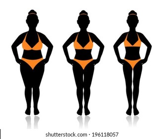 female silhouette in a bathing suit at a different weight and the effect of diet 