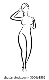 Female silhouette in a bathing suit. Simple lines. Ink drawing. Black and white.