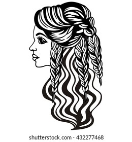 Female Silhouette Beautiful Long Hair Braided Stock Vector (Royalty ...