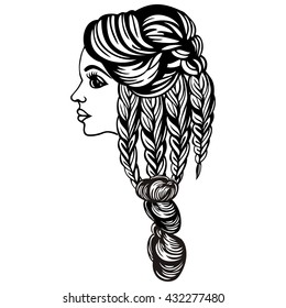 Female silhouette with beautiful long hair braided. Fashionable modern hairstyles with braids for a wedding, prom, evening, birthday, every day and other events. Hair salon, barber stylist - vector. 
