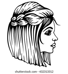 Female silhouette with beautiful medium hair braided. Fashionable modern hairstyles with braids for a wedding, prom, evening, birthday, every day and other events. Hair salon, barber stylist - vector
