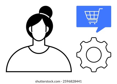 Female silhouette, blue speech bubble with shopping cart, gear cogwheel icon. Ideal for online shopping, e-commerce management, user settings, customer support, technology, digital marketing