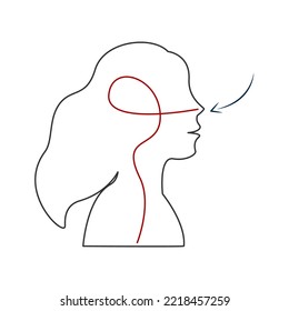 Female silhouette, breathing exercises, deep breath through the nose for brain work. Healthy yoga and relaxation. Outline vector illustration.