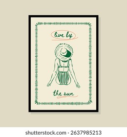 Female silhouette. Coastal life sketch style vector illustration in a poster frame. Art for print design, greeting card, postcards, branding, logo design.