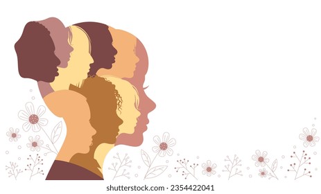 Female silhouette, consisting of silhouettes of different women. International Women's Day.Diversity and feminism concept.Banner with copy space.Vector stock illustration.