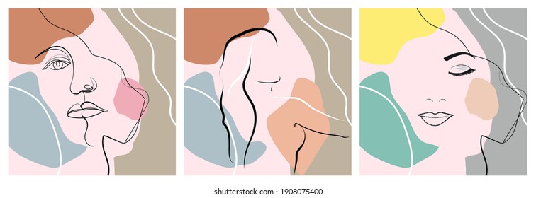 Female silhouette continuous line art. Set abstract modern collage of pastel geometric shapes in a modern trendy style. Print for t-shirt, postcard, poster