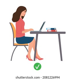 Silueta femenina de postura correcta mientras se usa la computadora.Concepto de ergonomía, postura correcta para la espalda sana, dolor de espalda, columna vertebral, cuidado de la salud. Vector plano.