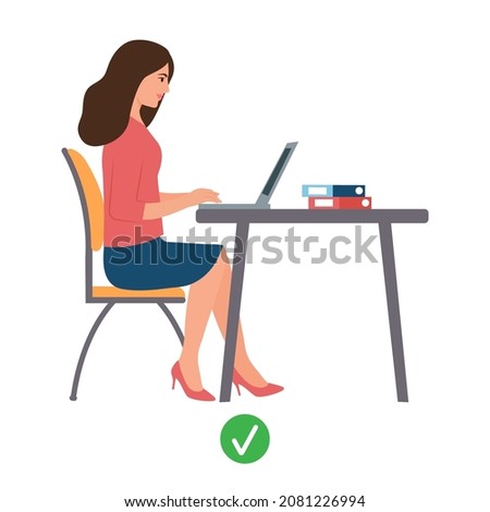 Female silhouette of correct posture while using the computer.Concept of ergonomics, right posture for healthy back, back pain, spine, health care. Flat vector.