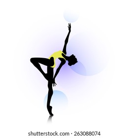 Female silhouette dancing on abstract circles background