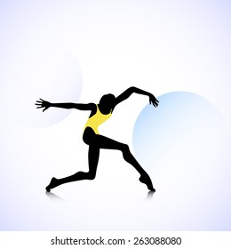 Female silhouette dancing on abstract circles background