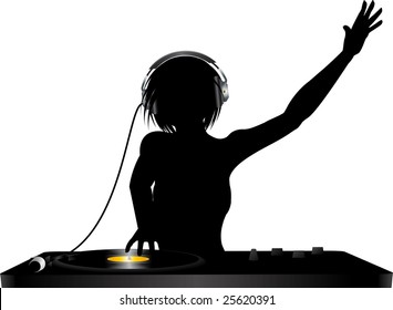 Female silhouette DJ mixing on record deck