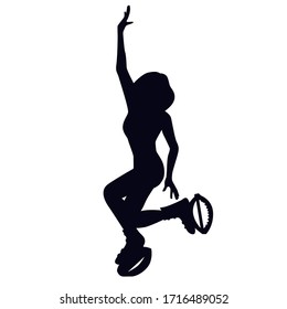 Female silhouette doing grape wine exercise in kangoo jump boots. Girl dancing in bounce shoes during high intensity interval training (HIIT). Cardio fitness and weight loss. Gaining good shape.