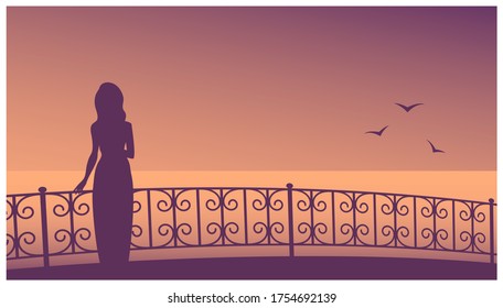 
Female silhouette in a dress on the background of the evening sea. A slender girl stands on the promenade near the patterned fence. Vector illustration banner with place for text.
