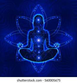 female silhouette with elements of sacred geometry and space in which meditates in the lotus position