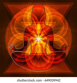 female silhouette with elements of sacred geometry and space in which meditates in the lotus position.