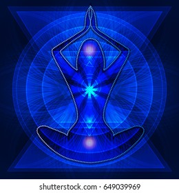 female silhouette with elements of sacred geometry and space in which meditates in the lotus position.