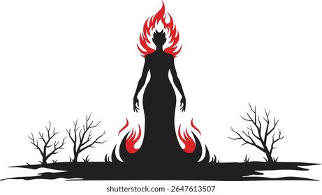 Silhueta feminina envolta em chamas vermelhas e laranja com chifres e árvores estéreis, ilustração de personagem de fantasia escura com efeitos de fogo dramáticos e energia mítica


