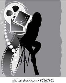 Female silhouette and film objects on the abstract background. Vector