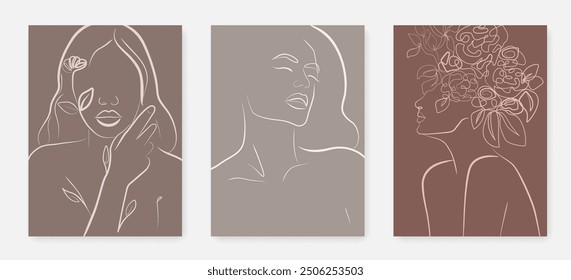 Silueta femenina con flores Línea Arte Vector Dibujo Impresiones Set. Plantilla de estilo con cara floral femenina. Silueta de mujer en estilo lineal simple minimalista moderno para belleza y diseño de moda