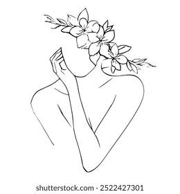 Silueta femenina con Ilustración vectorial de arte de la línea de flores. Bosquejo de la silueta negra de la cabeza floral de la mujer en el fondo blanco. Ilustración lineal del retrato de la mujer para el diseño moderno